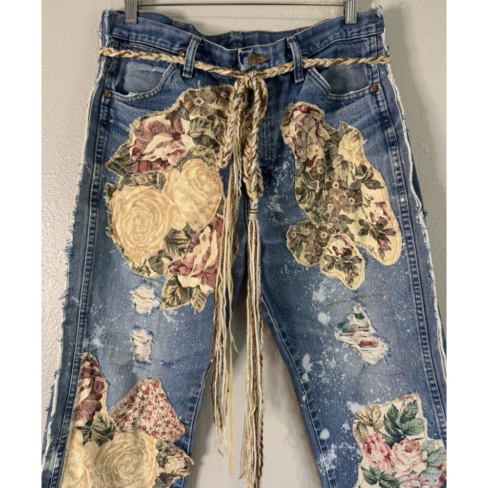 OOAK Upcycled Wrangler Jeans Whimsigoth Boho Lagenlook Reworked Denim Distressed - Picture 16 of 16